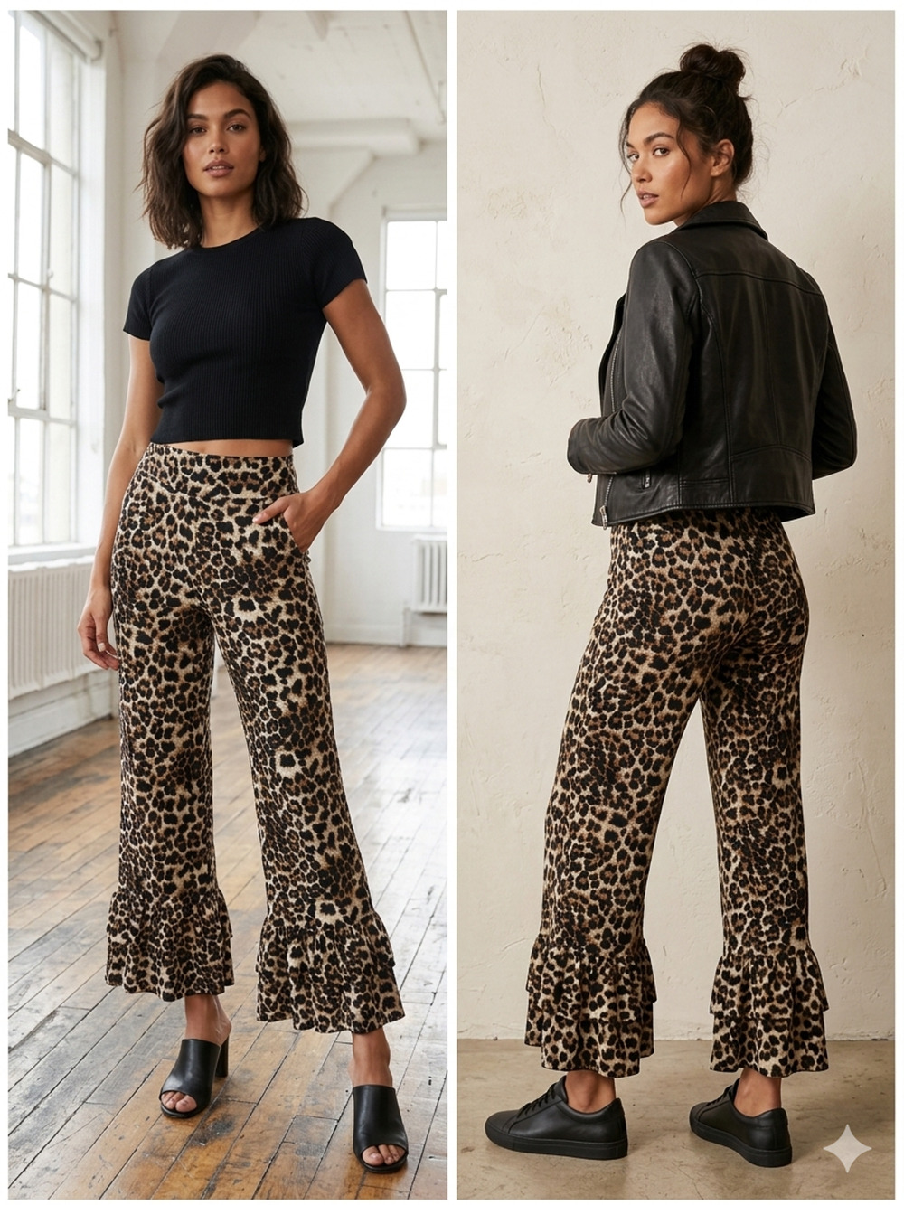 Leopard Print Ruffle Hem High Waist Wide Leg Palazzo Pants stretchy Size Small